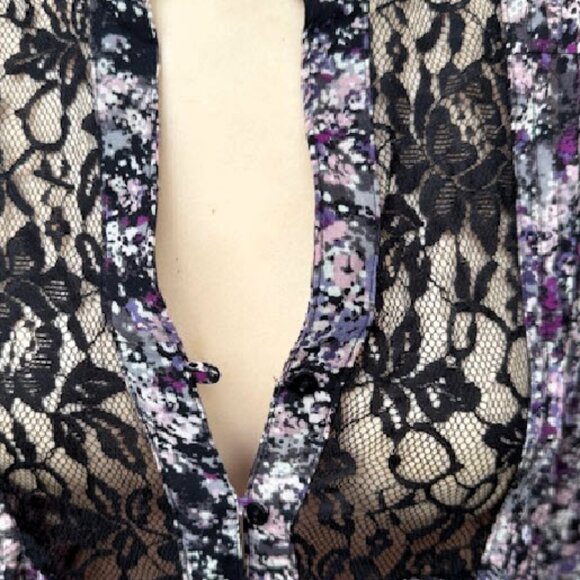 Ladies 'ELLE' Blouse S Purple Multi Floral Sheer V Neck Preowned - Picture 5 of 8